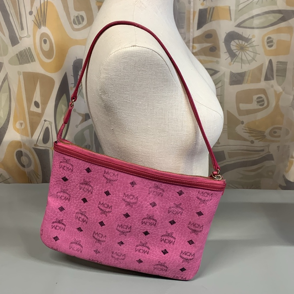 MCM Dark Pink Leather Visetos Large Pouchette Shoulder Bag Wristlet - Picture 11 of 12